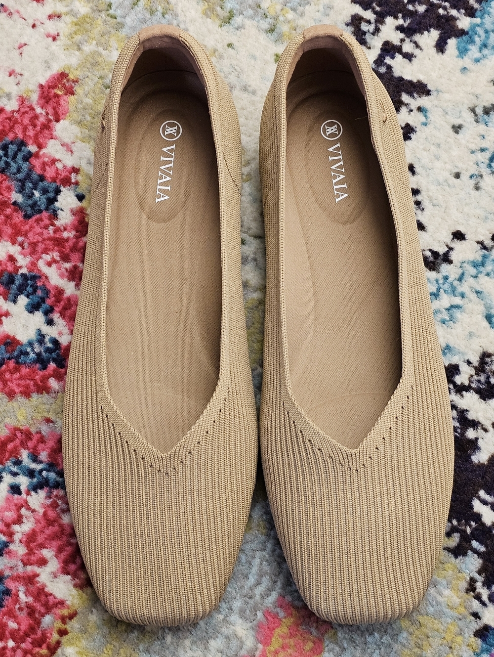 Vivaia Margot Ribbed Knit Square Toe V-Cut Ballet Flats EU 41.5 / US 10 Tan